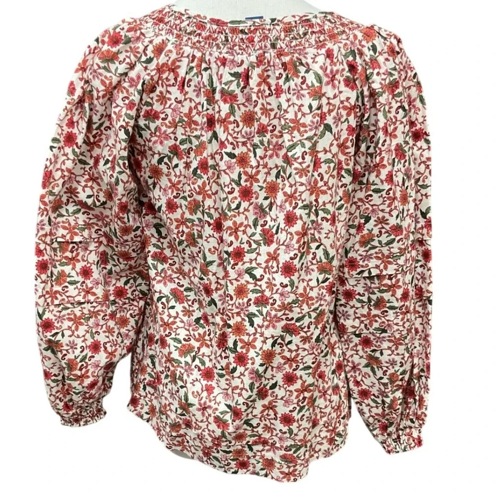 Cottagecore Puff-Sleeve Floral Printed‎ Smocked Poet Swing Oversized Top Size XS